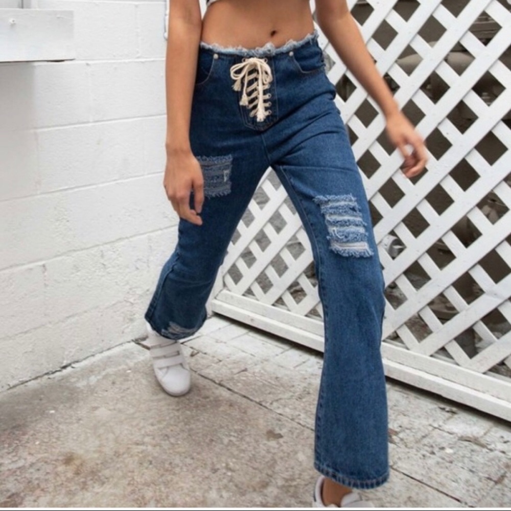 3/$30 Deal POL Wide Leg Distressed Lace Up Jeans - Picture 5 of 7
